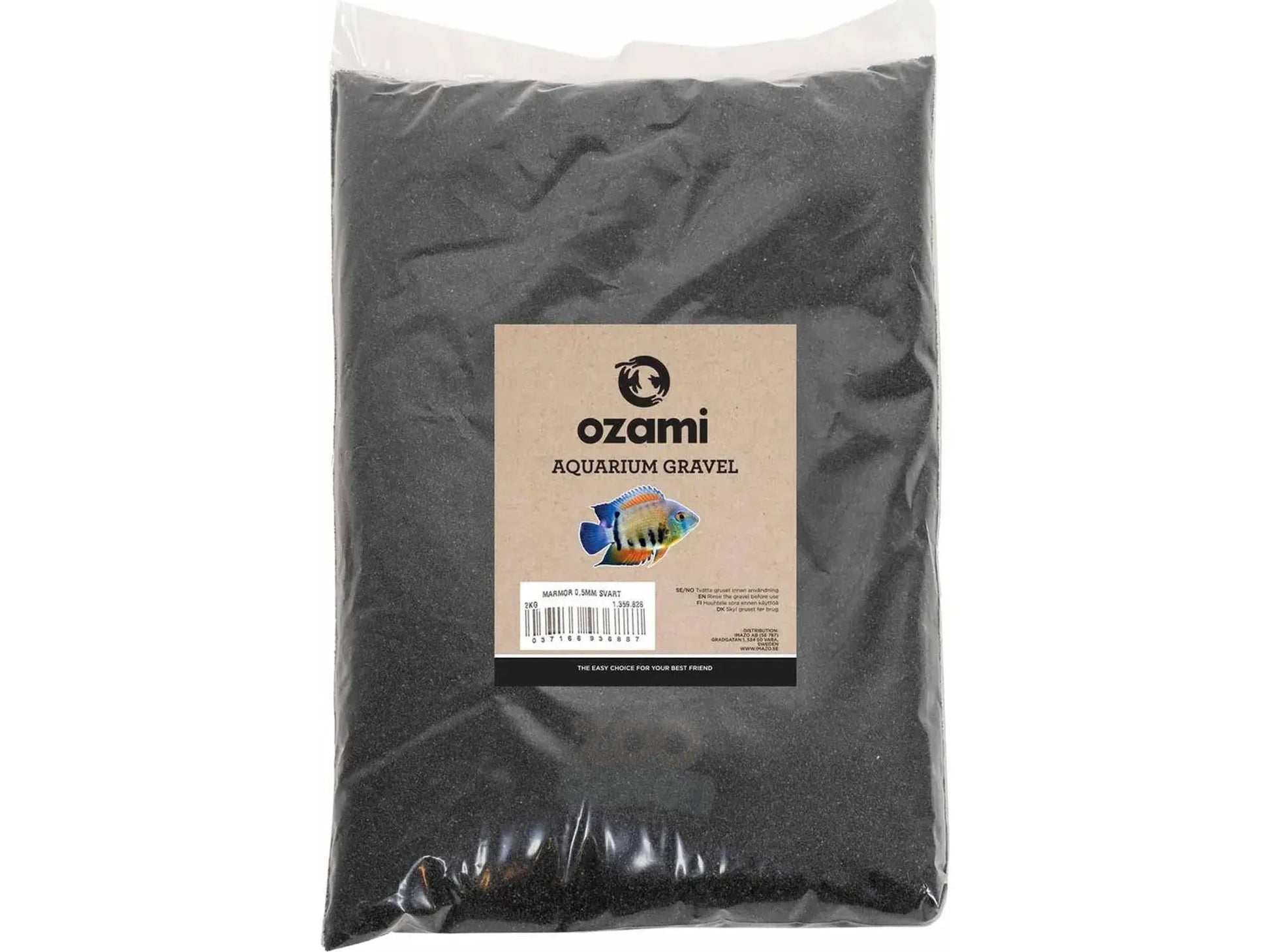 Ozami Akvaristik svart akvariegrus, 0,5 mm kornstørrelse, i en 2 kg pose.