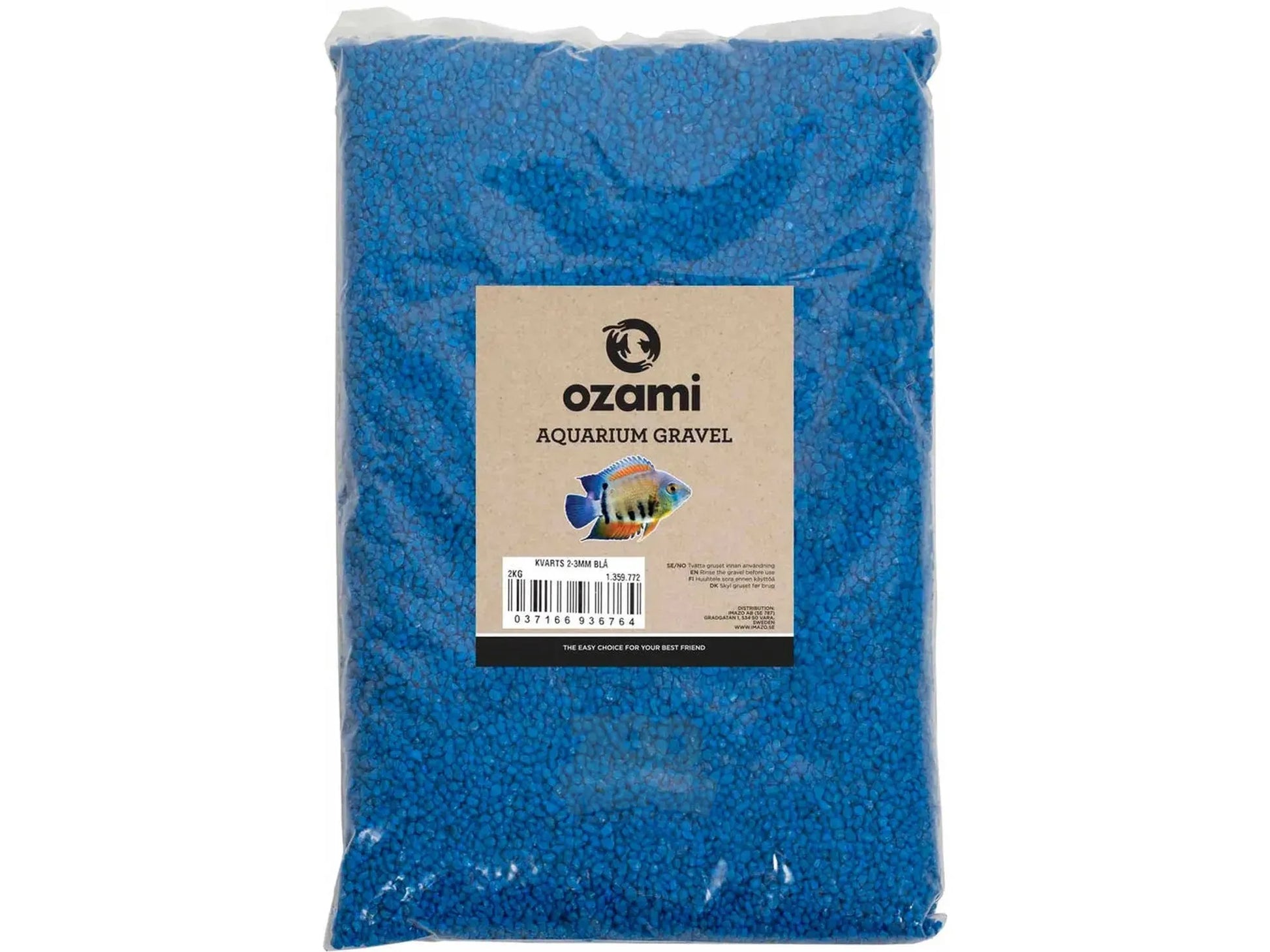 Ozami Akvaristik blå akvariegrus, 2-3 mm kornstørrelse, i en 2 kg pose.