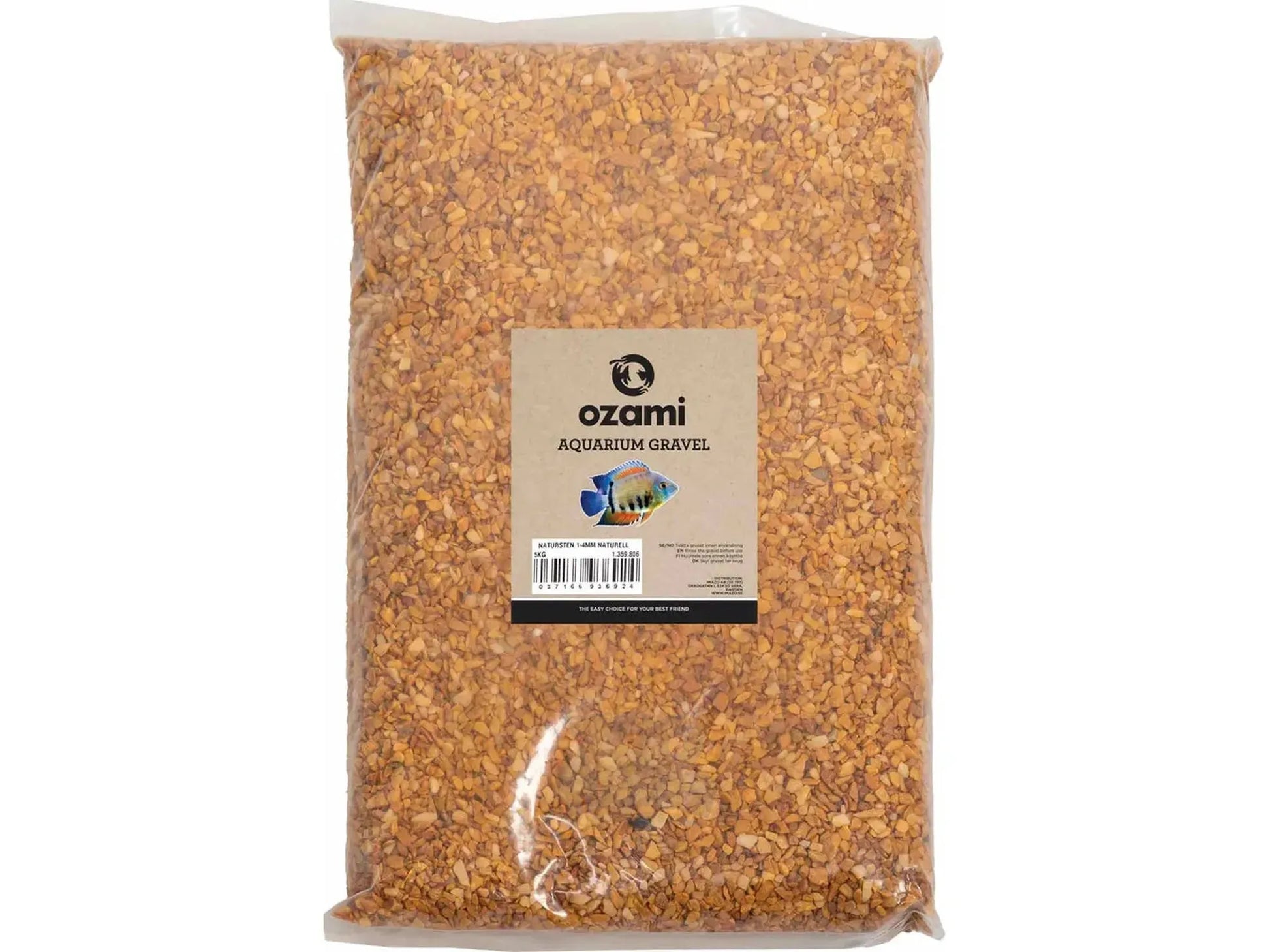 Ozami Akvaristik Naturestone Natural akvariegrus, 1-4 mm, 5 kg, i en klar plastpose med etikett.