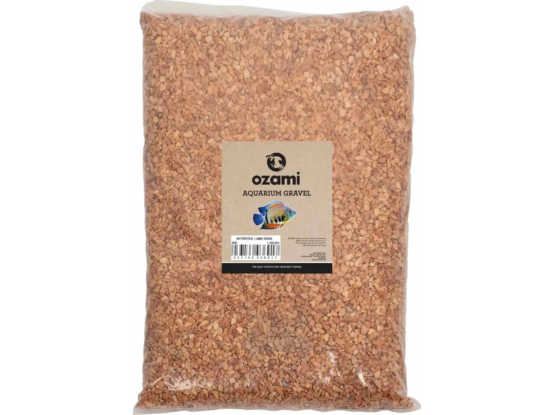 Ozami Akvaristik Naturestone Terra akvariegrus, 1-4 mm, 5 kg, i en klar pose med etikett.