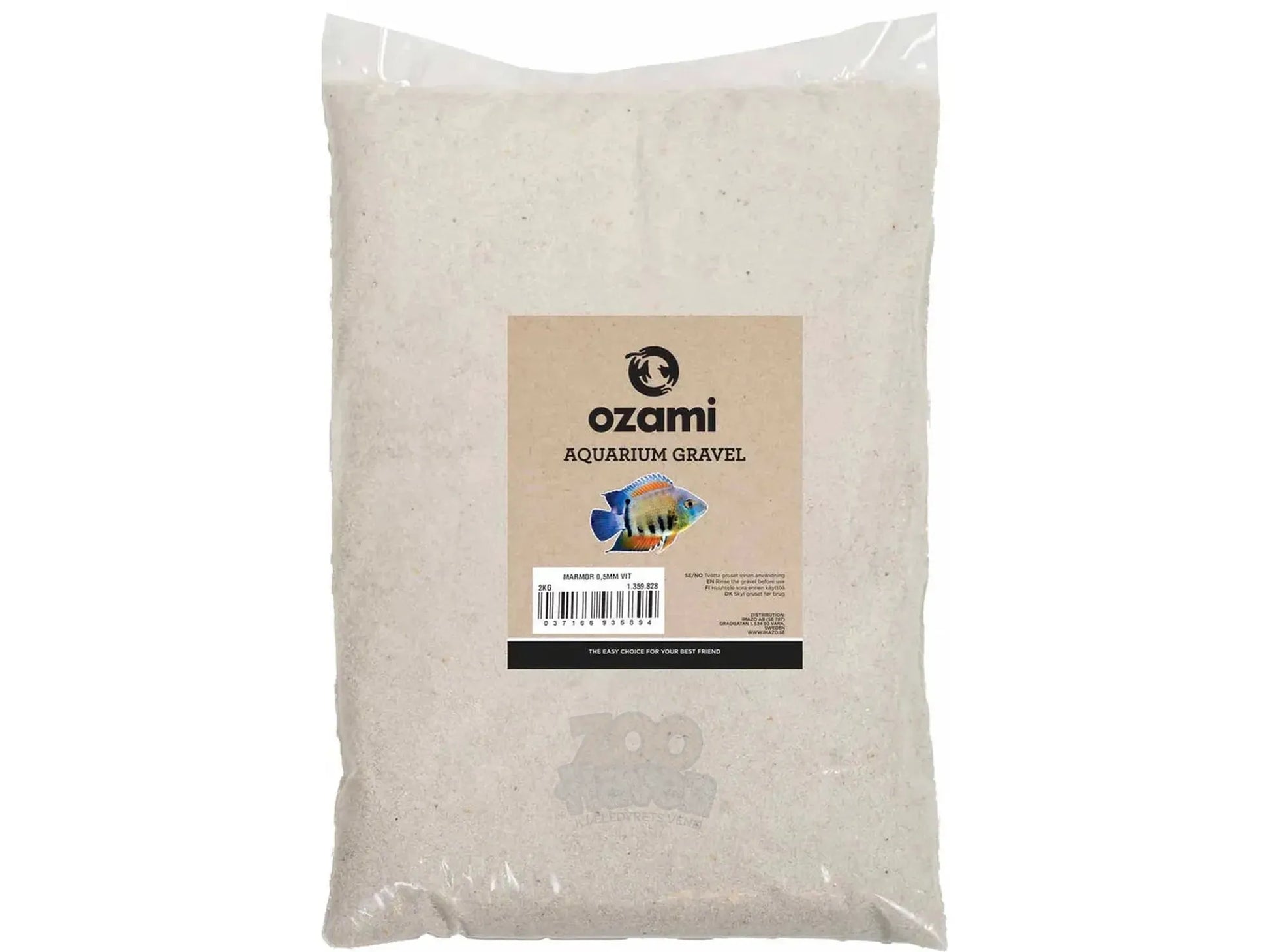 Ozami Akvaristik hvit akvariegrus, 0,5 mm kornstørrelse, i en 2 kg pose.