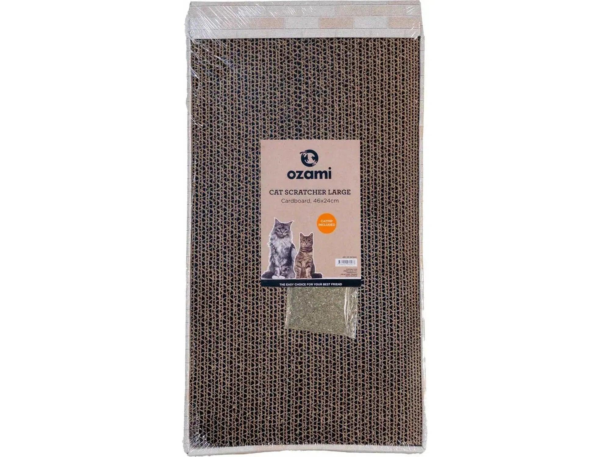 Ozami Large Cat Scratcher, 46x24cm, brown corrugated cardboard with catnip, in plastic packaging.