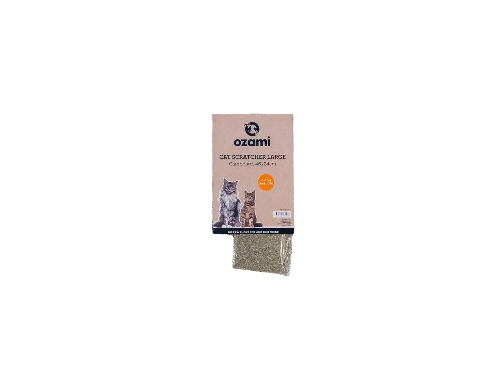 Ozami Large Cat Scratcher, 46x24cm, brown corrugated cardboard with catnip, in plastic packaging.
