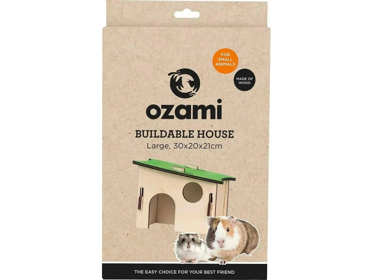 Ozami byggebart trehus for smådyr, 30x20x21 cm, med grønt tak og to smådyr.