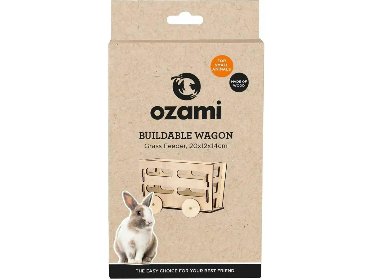 Ozami byggbar høyvogn i ubehandlet tre for smådyr, 20x12x14 cm, med kanin.