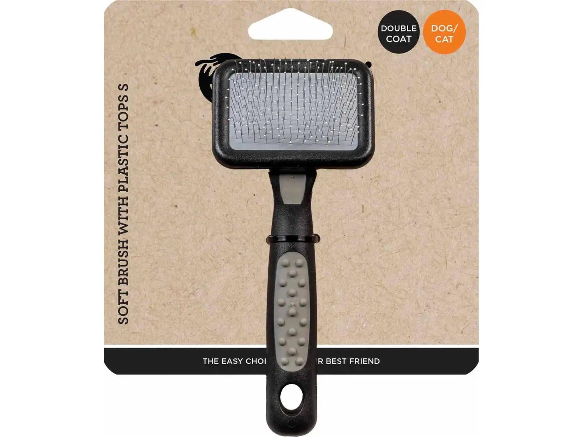 Ozami Soft Brush med plasttupper, en svart og grå pelsbørste for hund og katt.
