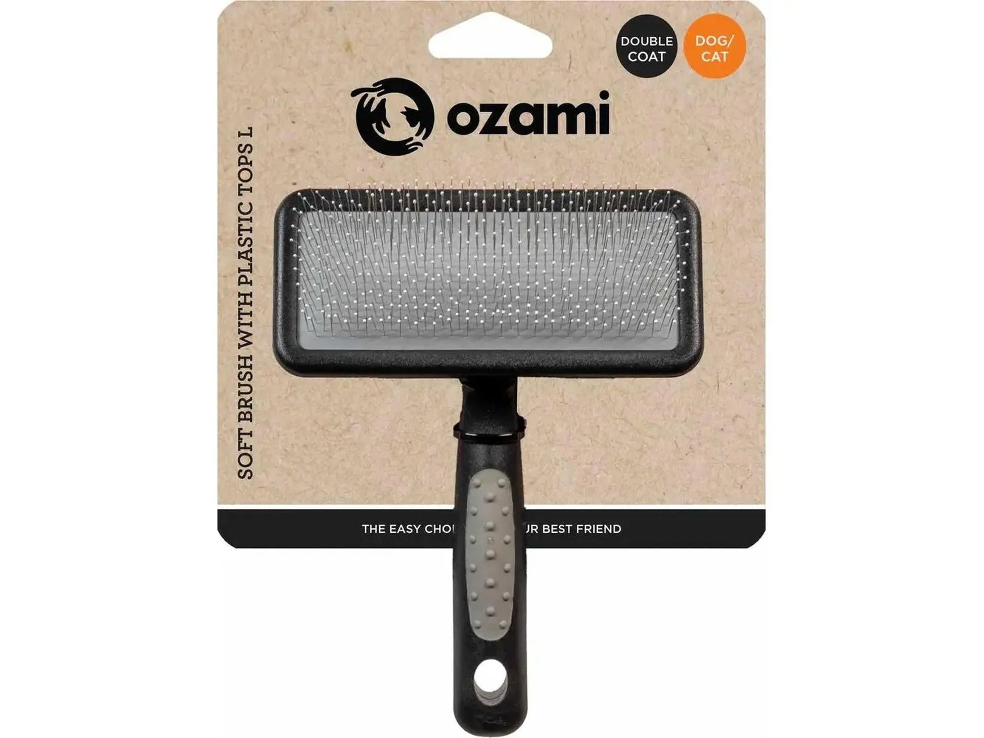 Ozami Soft Brush med plasttupper, en grå og svart pelsbørste for hund og katt, i L-størrelse.