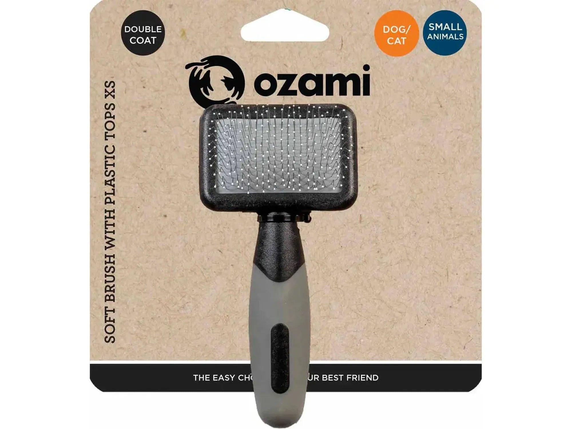 Ozami X-Small soft brush with black and gray handle, plastic tips, for double-coated pets.