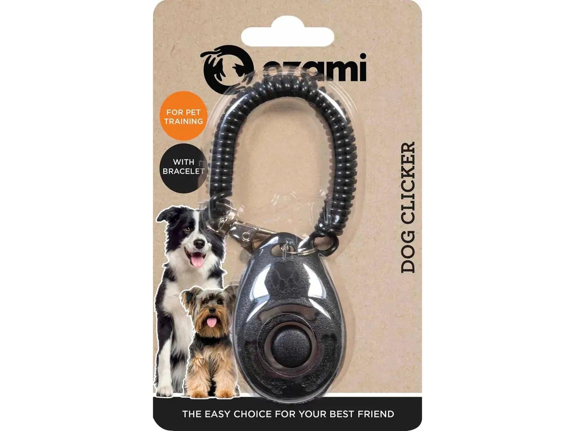 Ozami svart hundeklikker med armbånd, pakket med bilde av en border collie og yorkshire terrier.