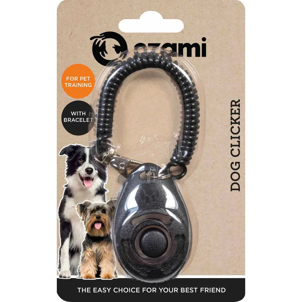 Ozami svart hundeklikker med armbånd, pakket med bilde av en border collie og yorkshire terrier.