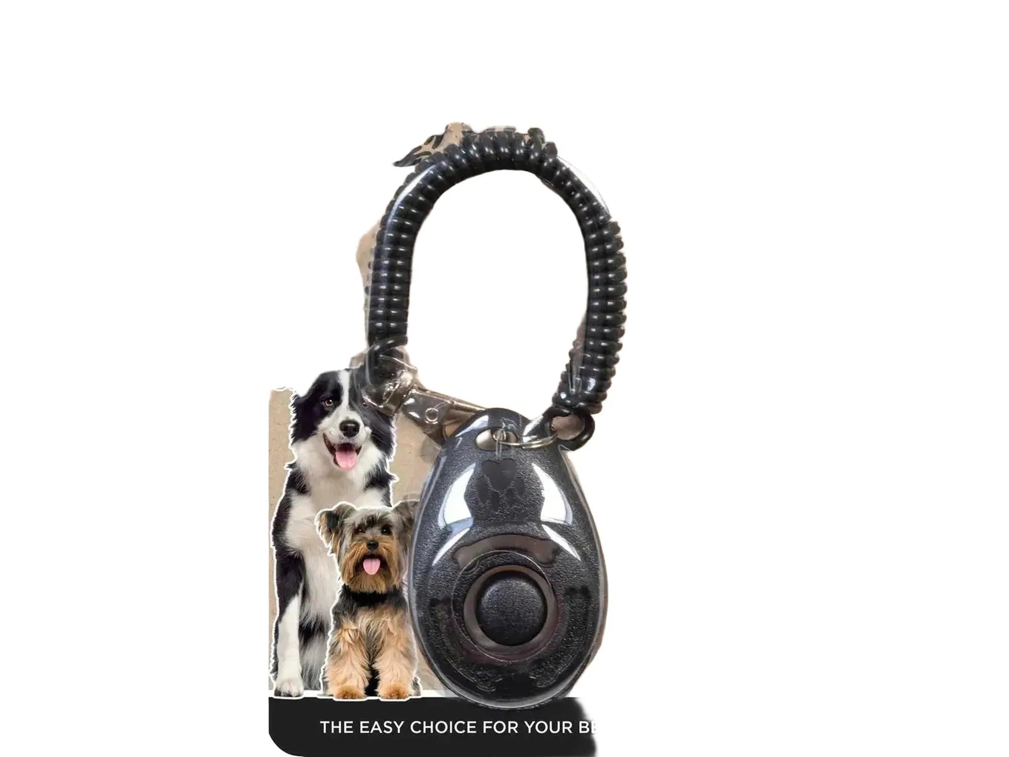 Ozami svart hundeklikker med armbånd, pakket med bilde av en border collie og yorkshire terrier.
