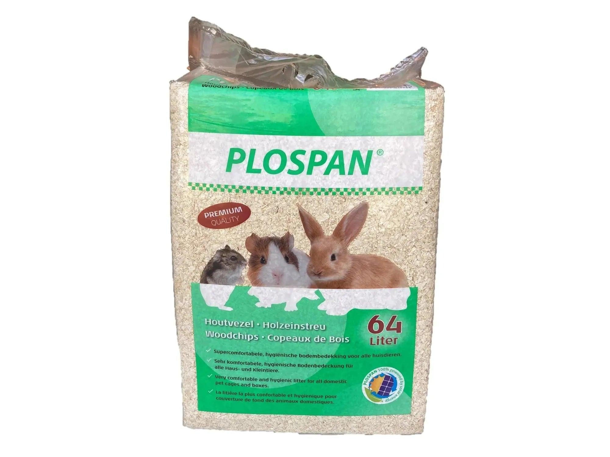 PLOSPAN Spåner 64 liter Prespak med smådyr som kanin, marsvin og hamster på forsiden.