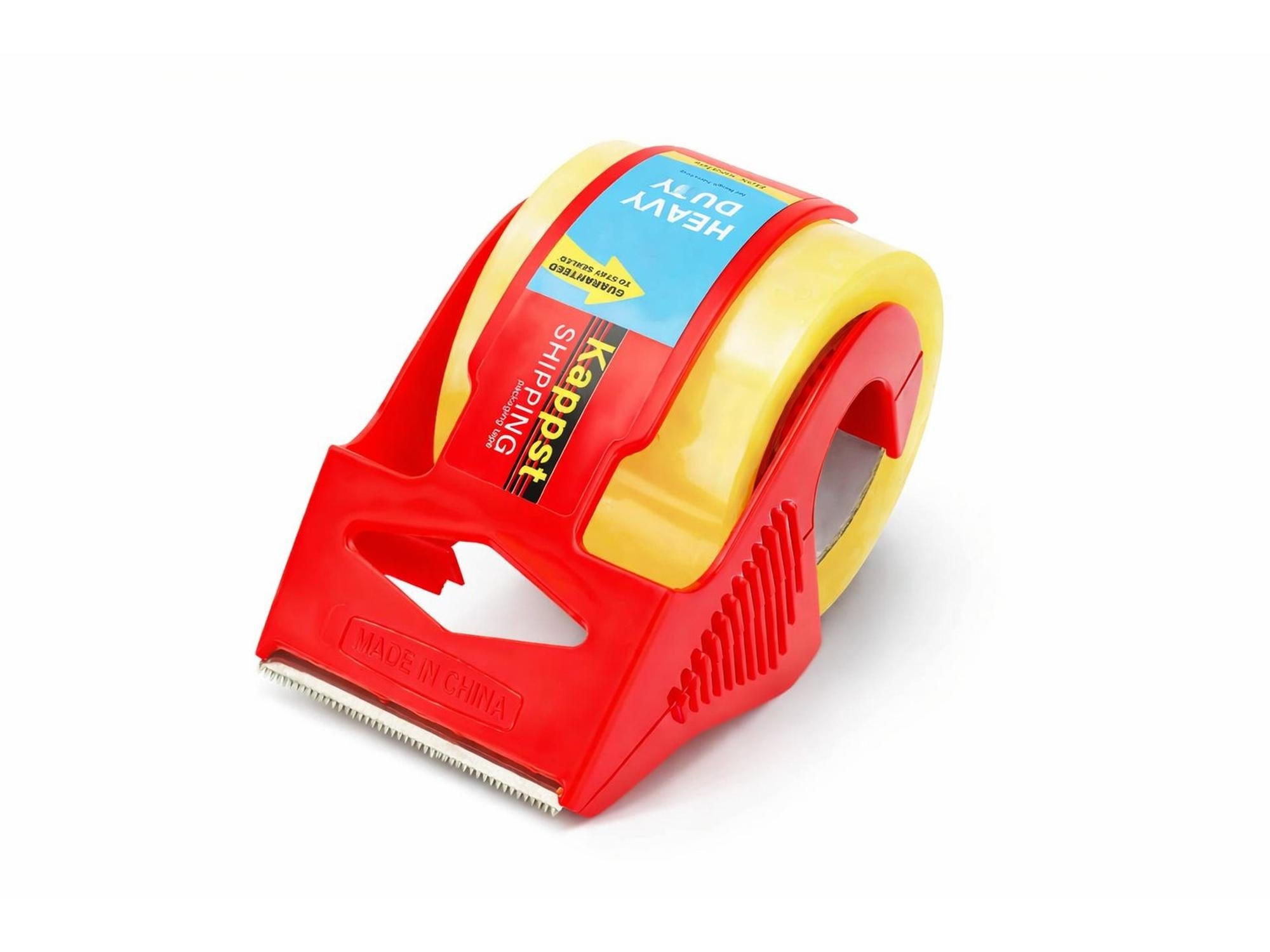 Rød pakketape dispenser med transparent tape, 48 mm x 30 m, og innebygd kutter.