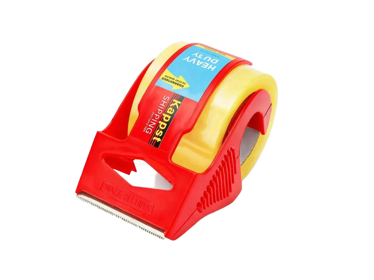 Rød pakketape dispenser med transparent tape, 48 mm x 30 m, og innebygd kutter.