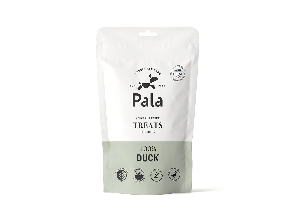 Hvit og grønn Pala 100% Duck hundegodbitpose med nordisk design og "Special Recipe Treats for Dogs" tekst.