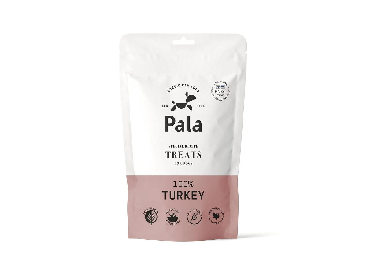 Hvit og rosa Pala 100% kalkun hundegodbiter, lufttørket, med nordisk design og tekst.
