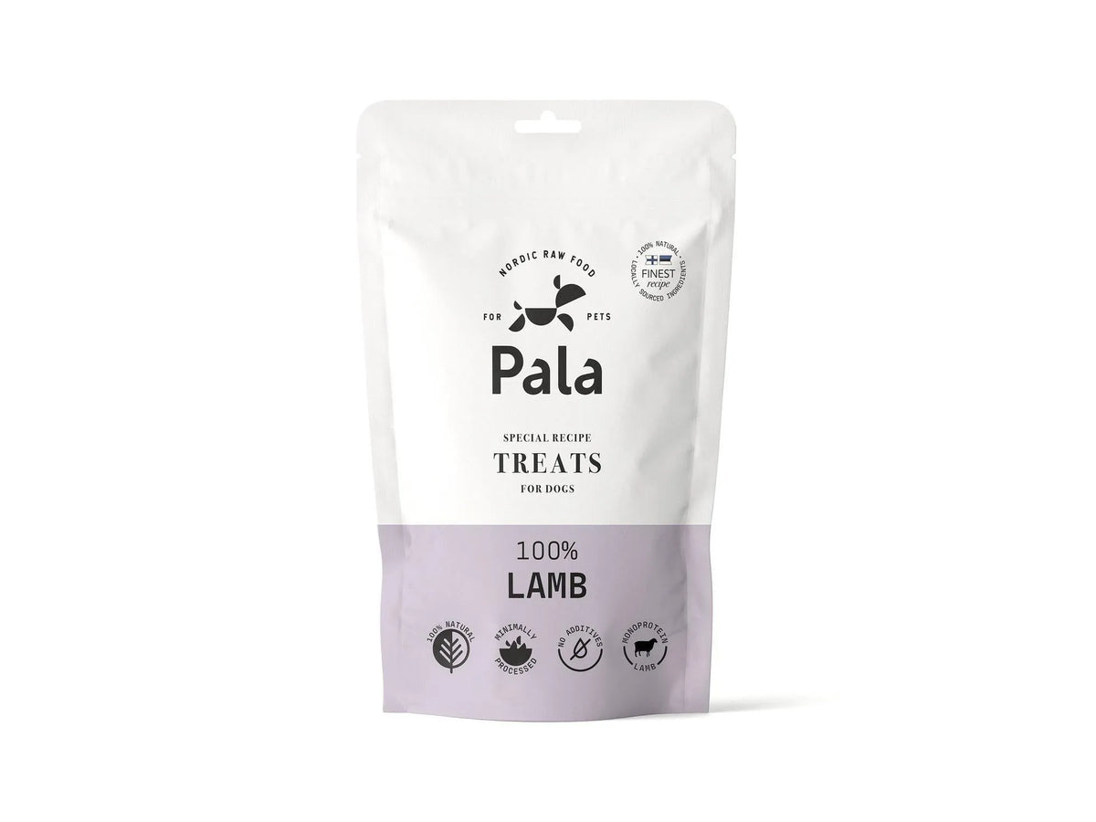 Hvit og lilla Pala 100% Lam godbitpakke for hunder, med nordisk design og tekst.