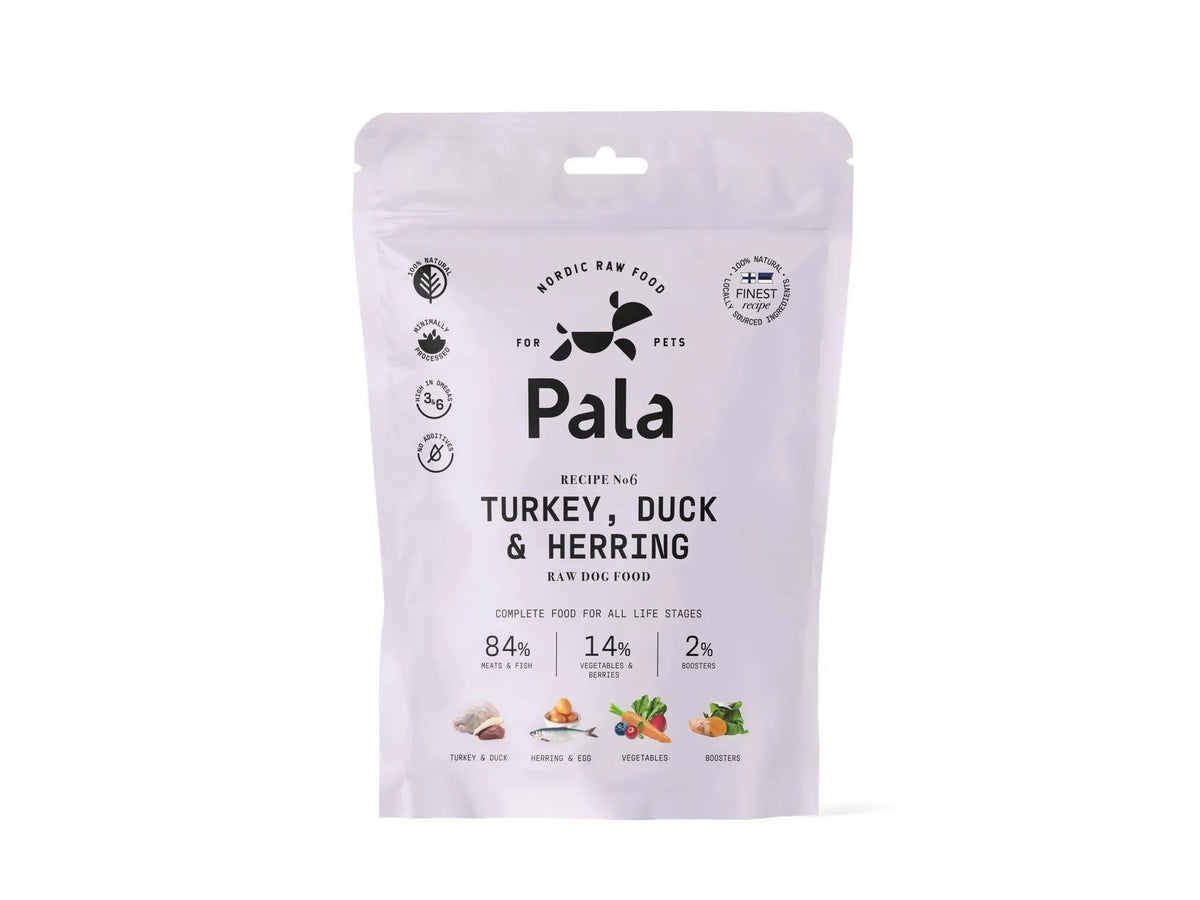 Hvit Pala hundematpose med "Turkey, Duck & Herring" Recipe No. 6, viser 84% kjøtt/fisk, 14% grønnsaker/bær.