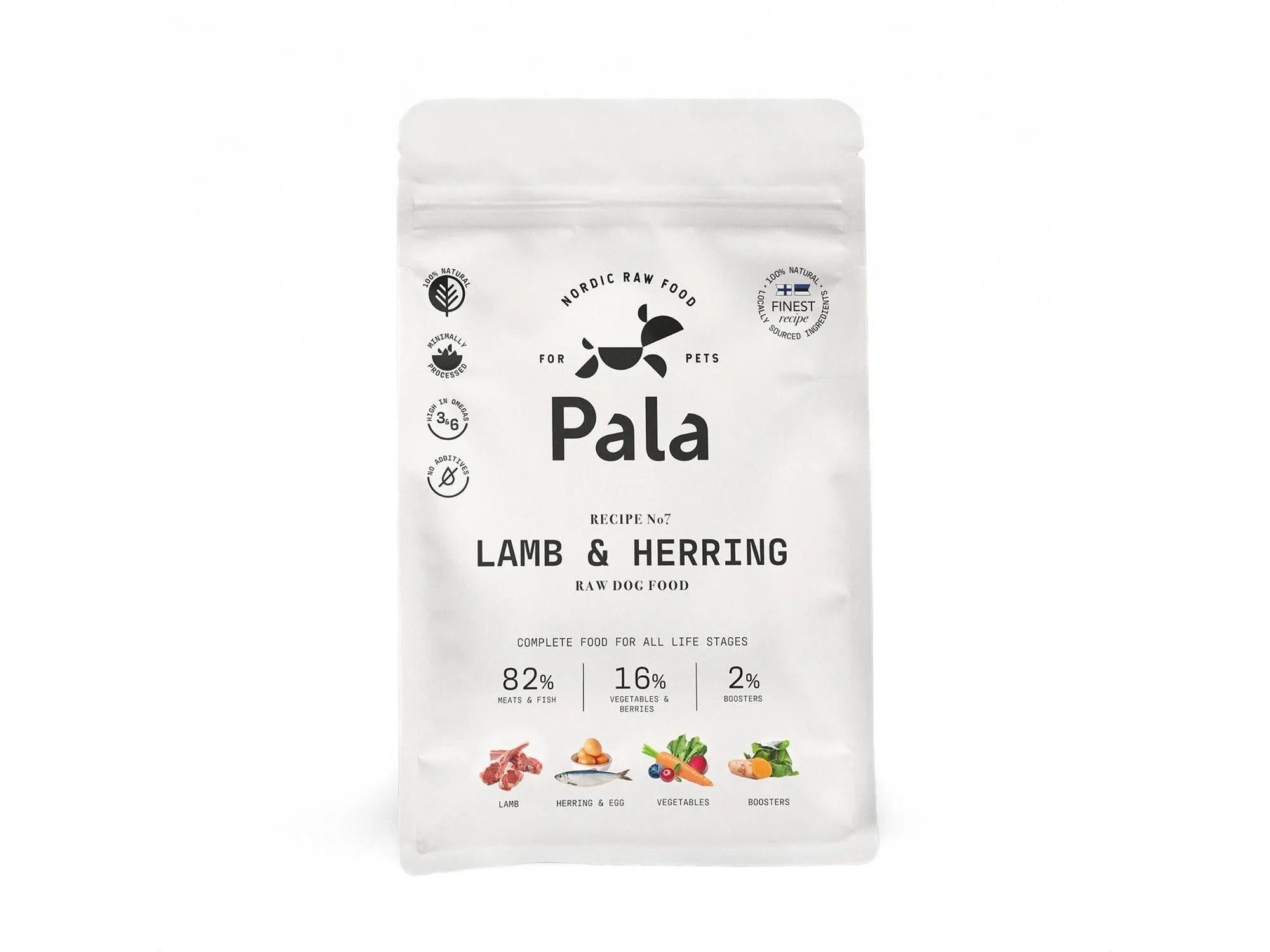 Hvit Pala hundematpose med "Lamb & Herring" og "Recipe No. 7" foran, viser ingrediensfordeling.