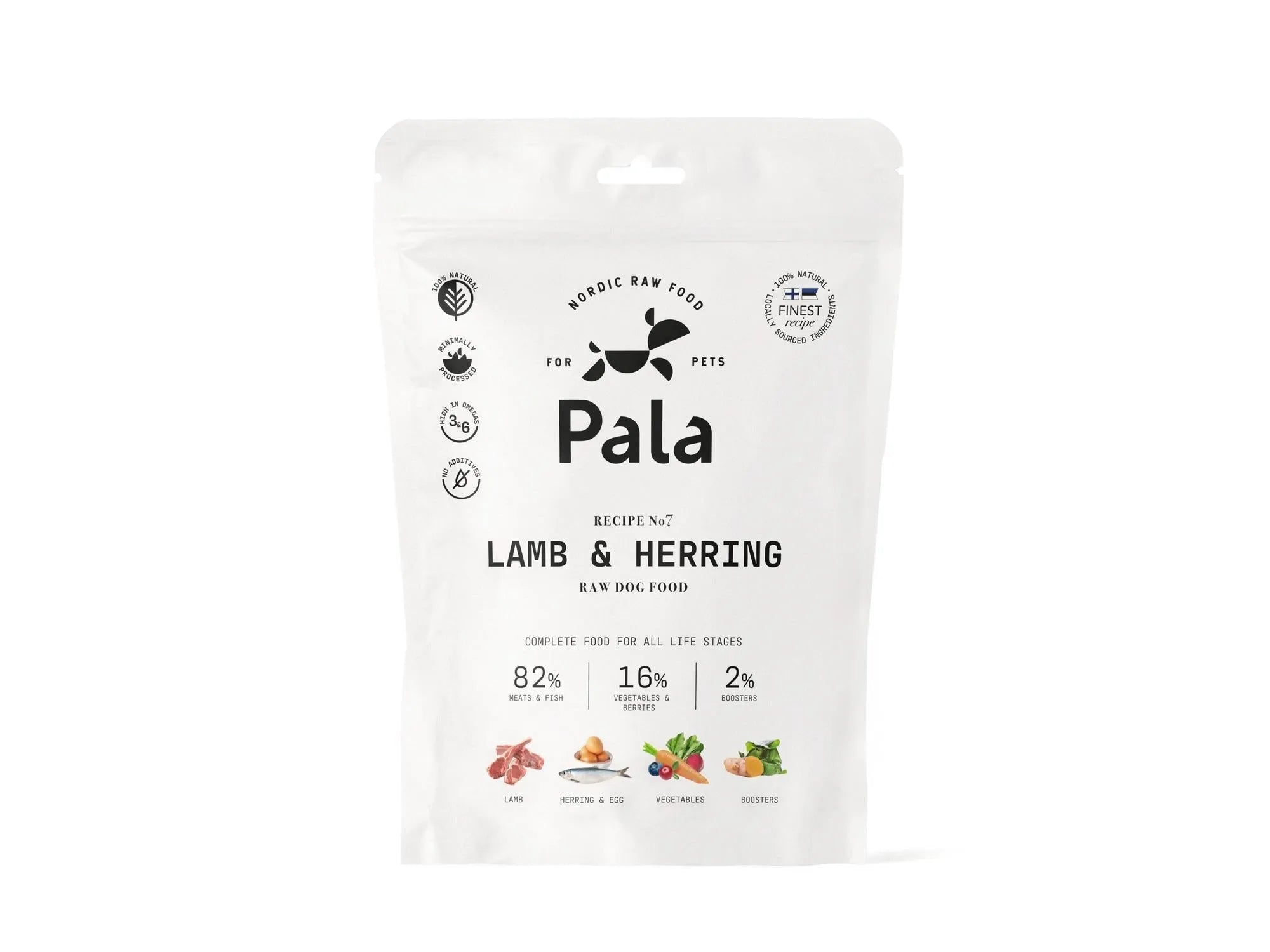 Hvit Pala hundematpakke med "Lamb & Herring Recipe No. 7" og ingrediensdetaljer.