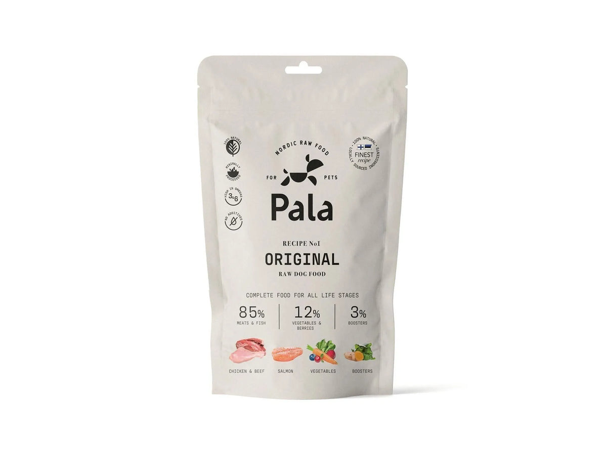 Hvit Pala hundematpakke med "Original" oppskrift, kylling, storfe og laks, 85% kjøtt og fisk.