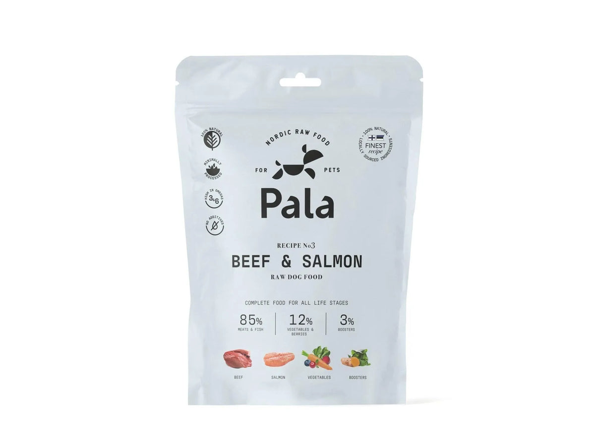 Hvit pose med Pala Komplett Hundemat Storfe & Laks – Recipe #3, med ingrediensdetaljer og Nordic Raw Food-logo.