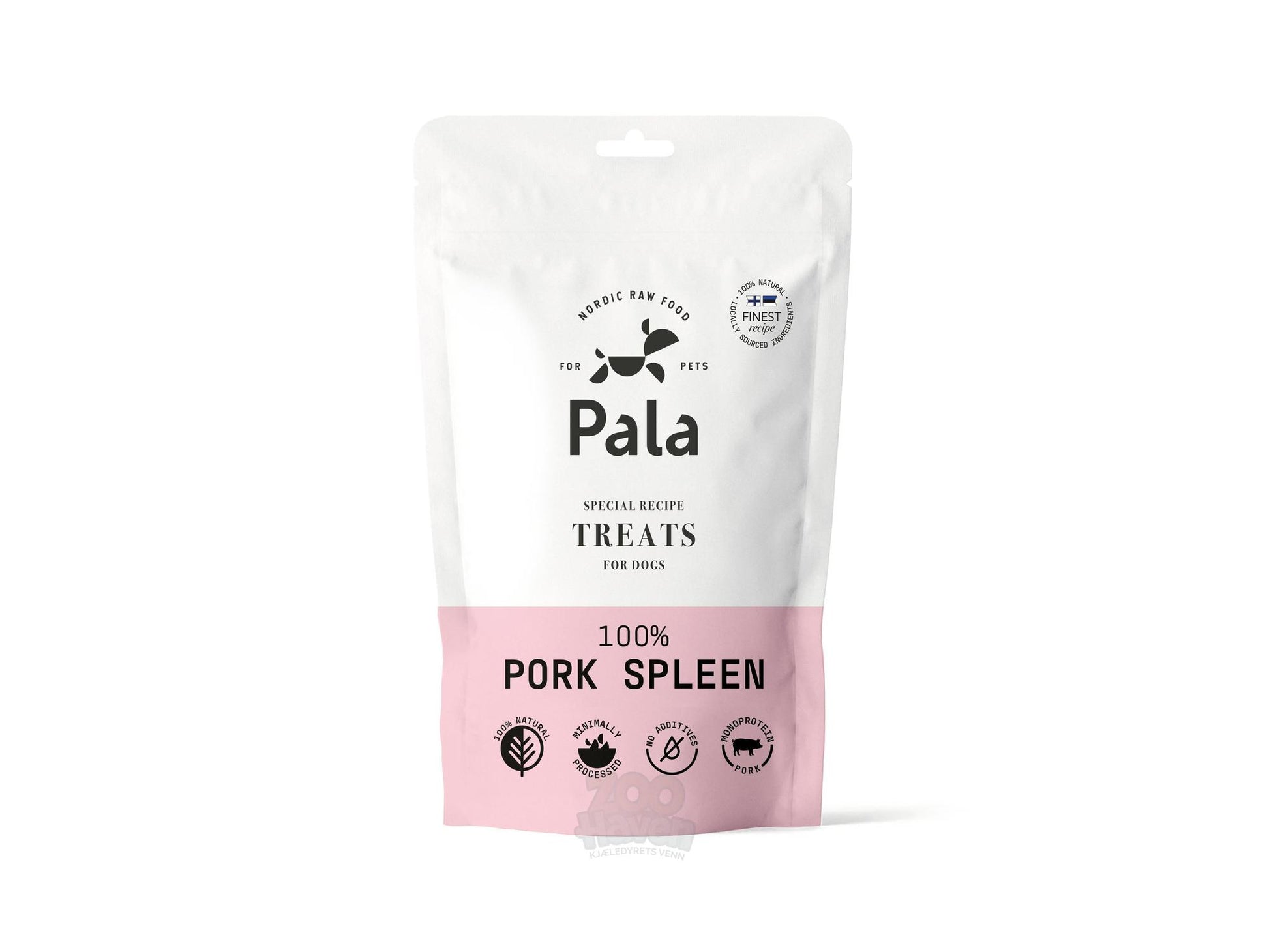 Hvit og rosa Pala Treats pose med 100% lufttørket grisemilt for hund og katt.