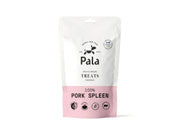 Hvit og rosa Pala Treats pose med 100% lufttørket grisemilt for hund og katt.