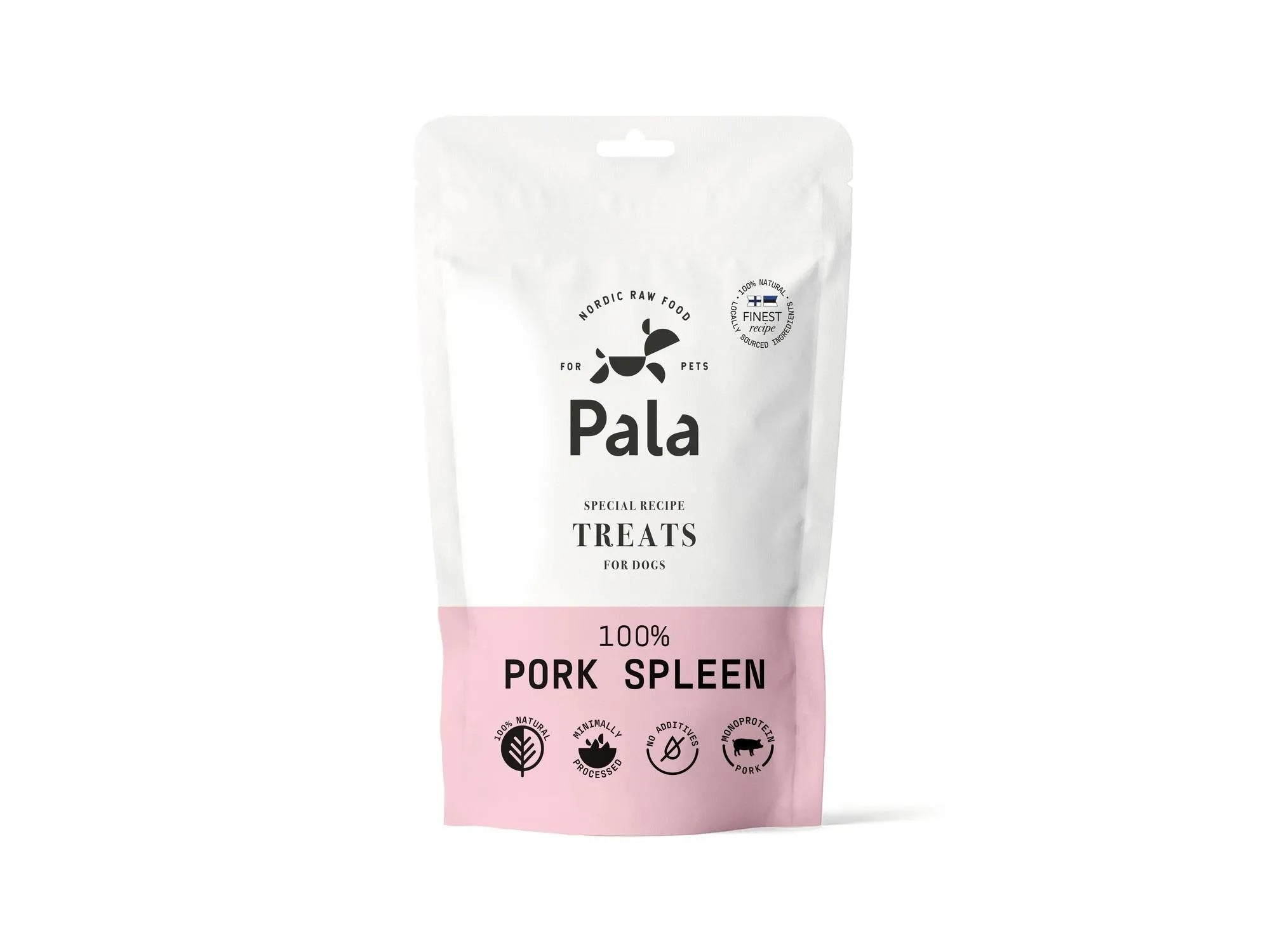 Hvit og rosa Pala Treats pose med 100% lufttørket grisemilt for hund og katt.