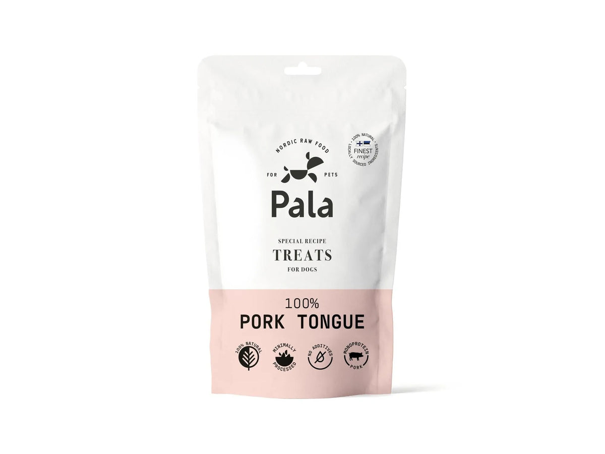 Pala Treats 100% Pork Tongue lufttørkede godbiter i hvit og rosa pose for hund og katt.