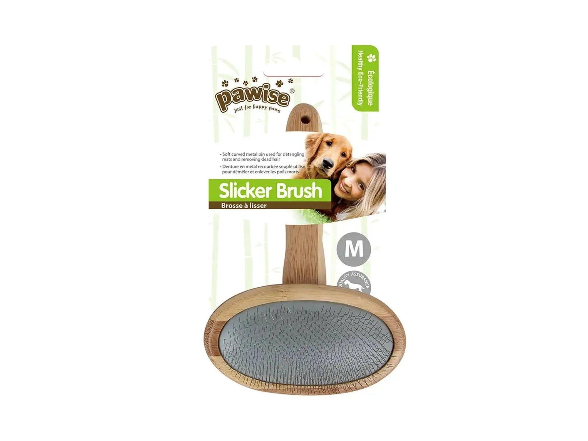 Pawise Slicker Brush med trehåndtak og metallpigger for pelspleie, medium størrelse.