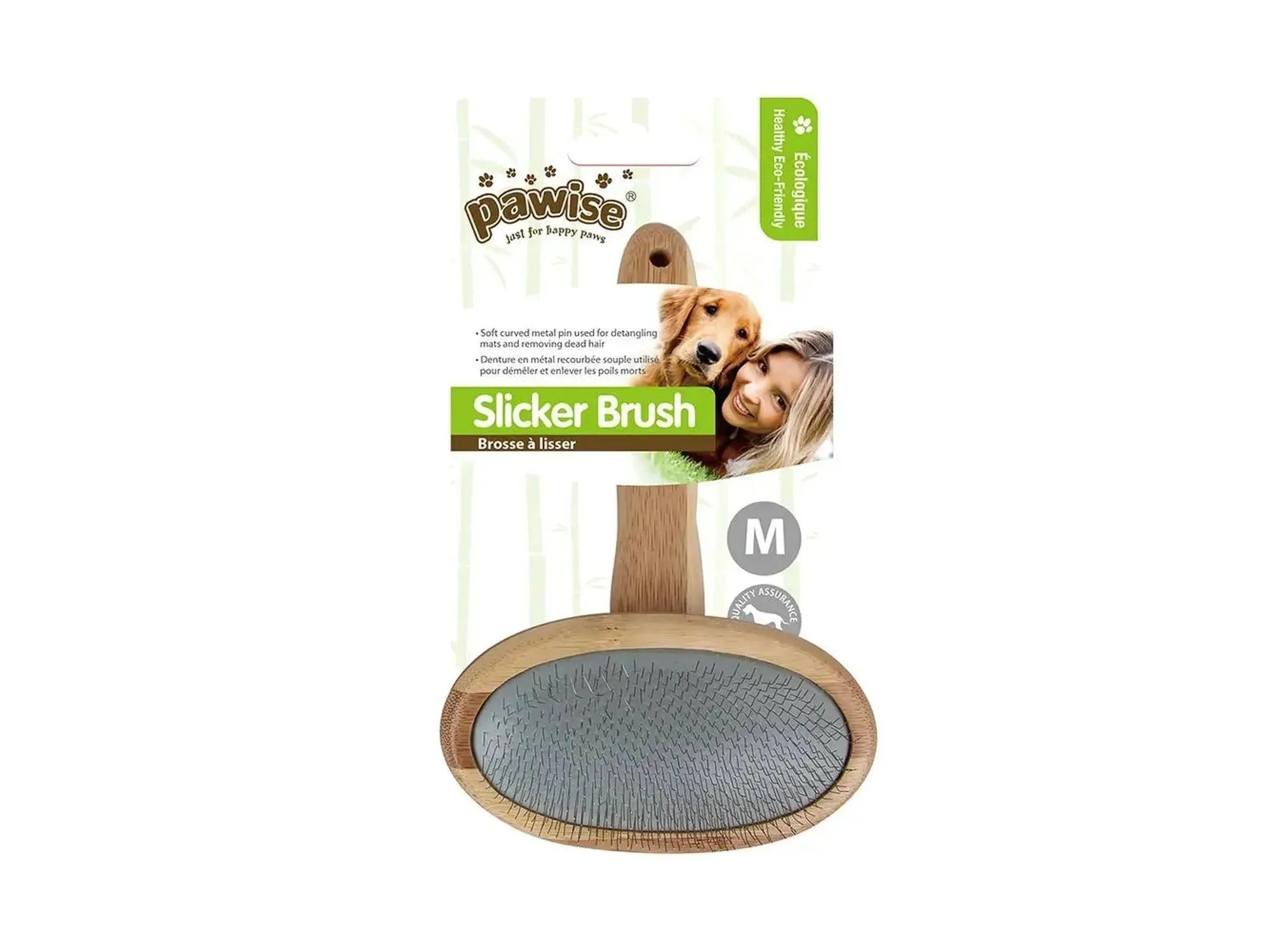 Pawise Slicker Brush med trehåndtak og metallpigger for pelspleie, medium størrelse.