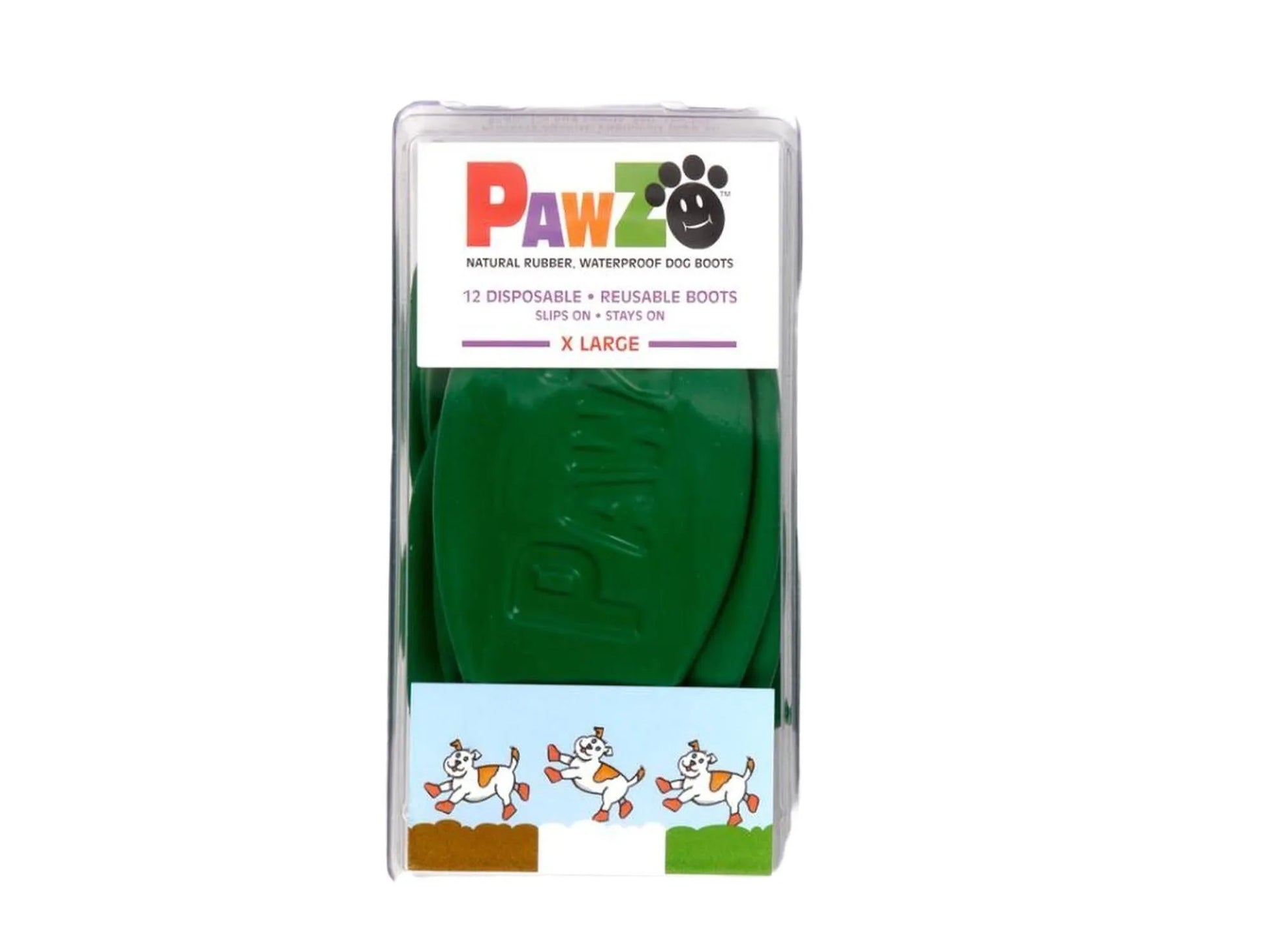 Grønne Pawz naturgummi hundesko i XL størrelse, pakket i gjennomsiktig blisterpakning.