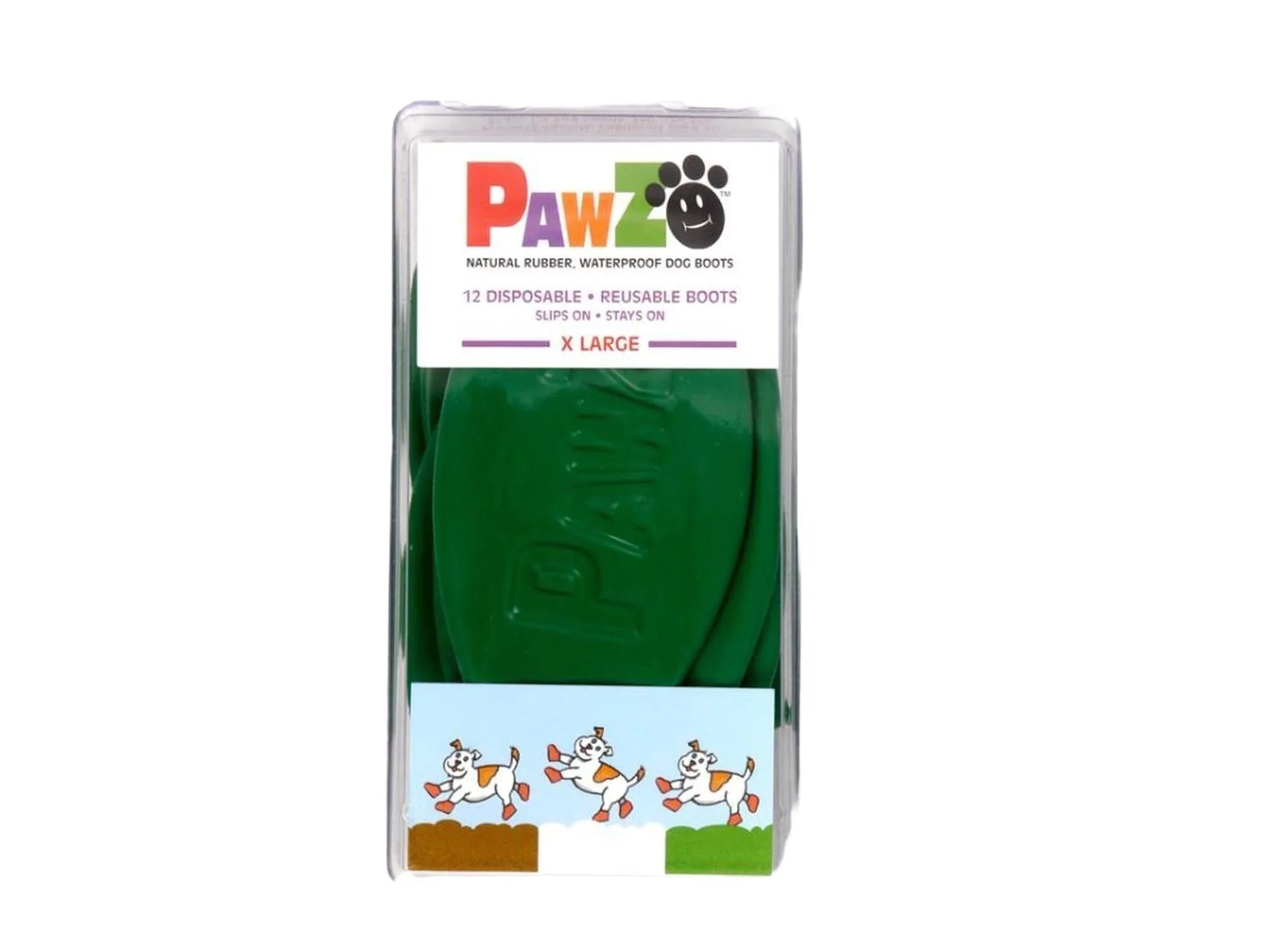 Grønne Pawz naturgummi hundesko i XL størrelse, pakket i gjennomsiktig blisterpakning.