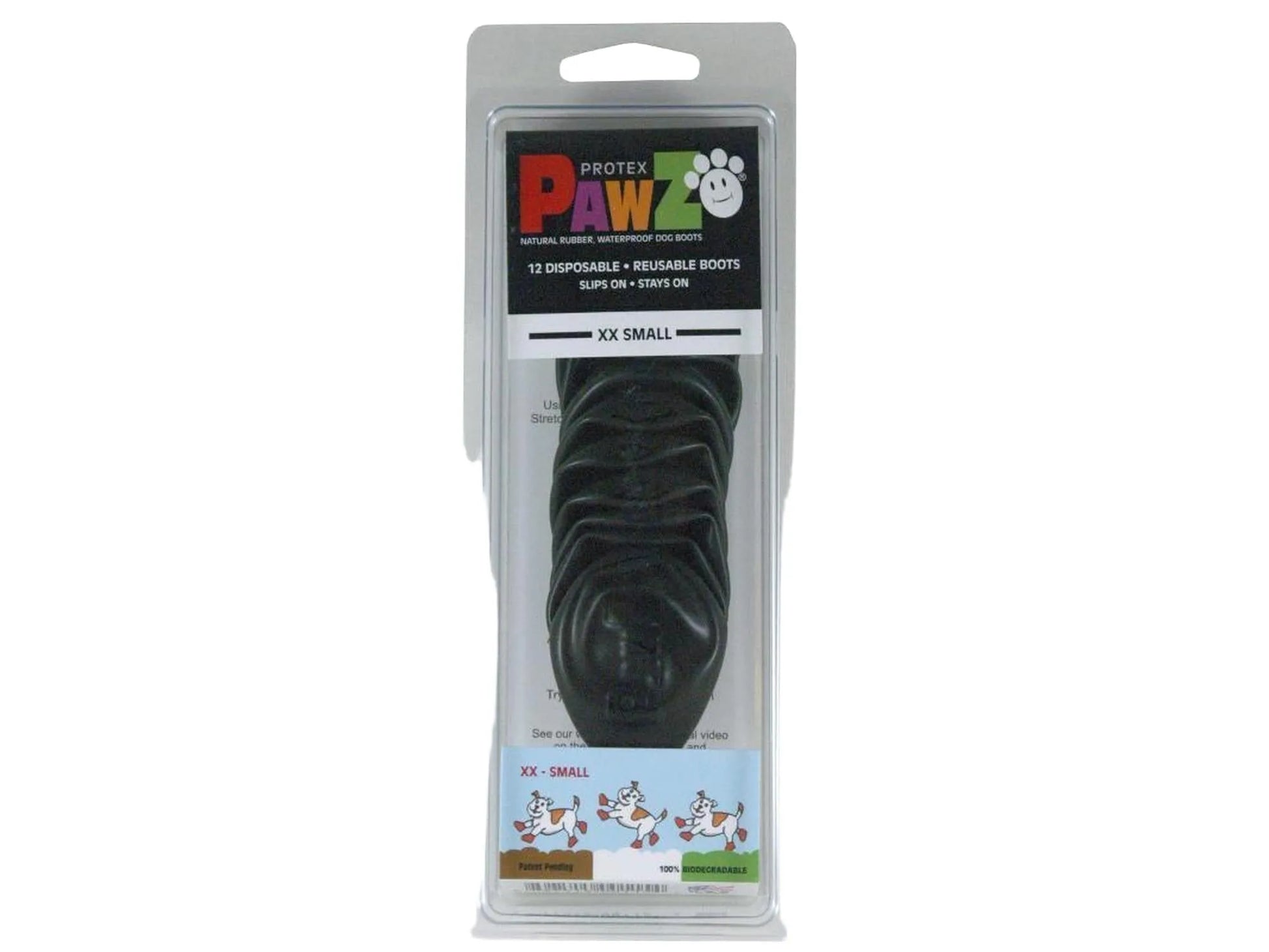 Svart Pawz potebeskytter i naturgummi, XX-Small, i klar blisterpakning.