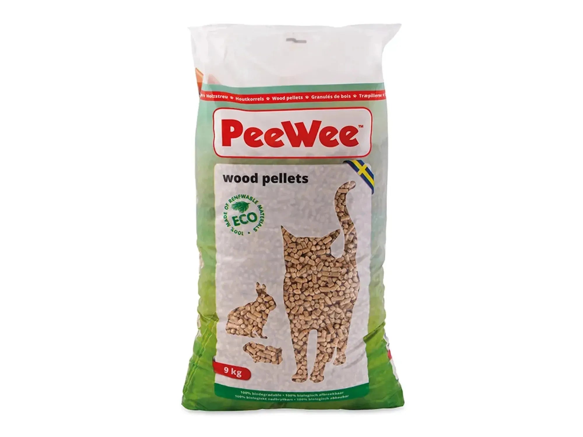 Stor hvit pose PeeWee Eco trepellets (9 kg) med katt- og kaninmotiv, svensk flagg.