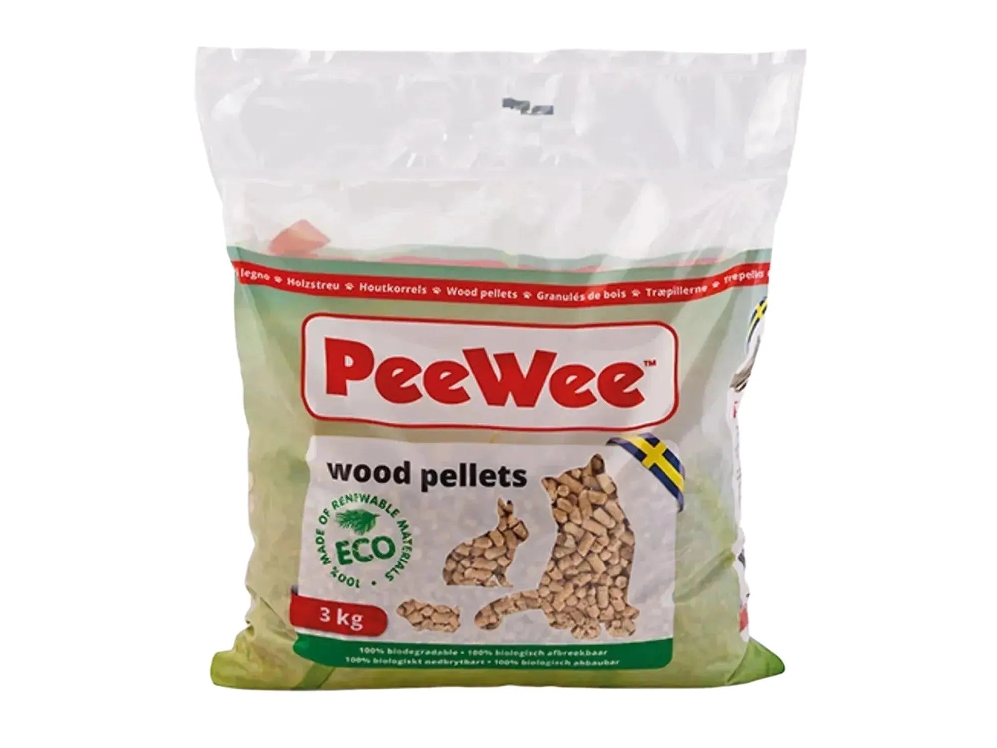 PeeWee Eco wood pellets 3kg bag for cat litter, with green and red branding.