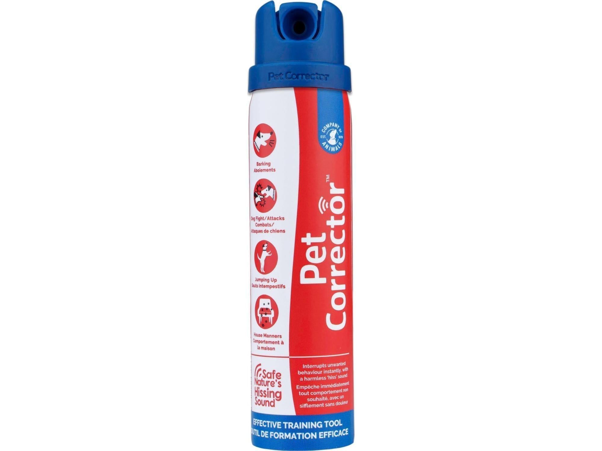 Hvit og rød Pet Corrector sprayflaske med blå topp, viser ikoner for atferdskorrigering.