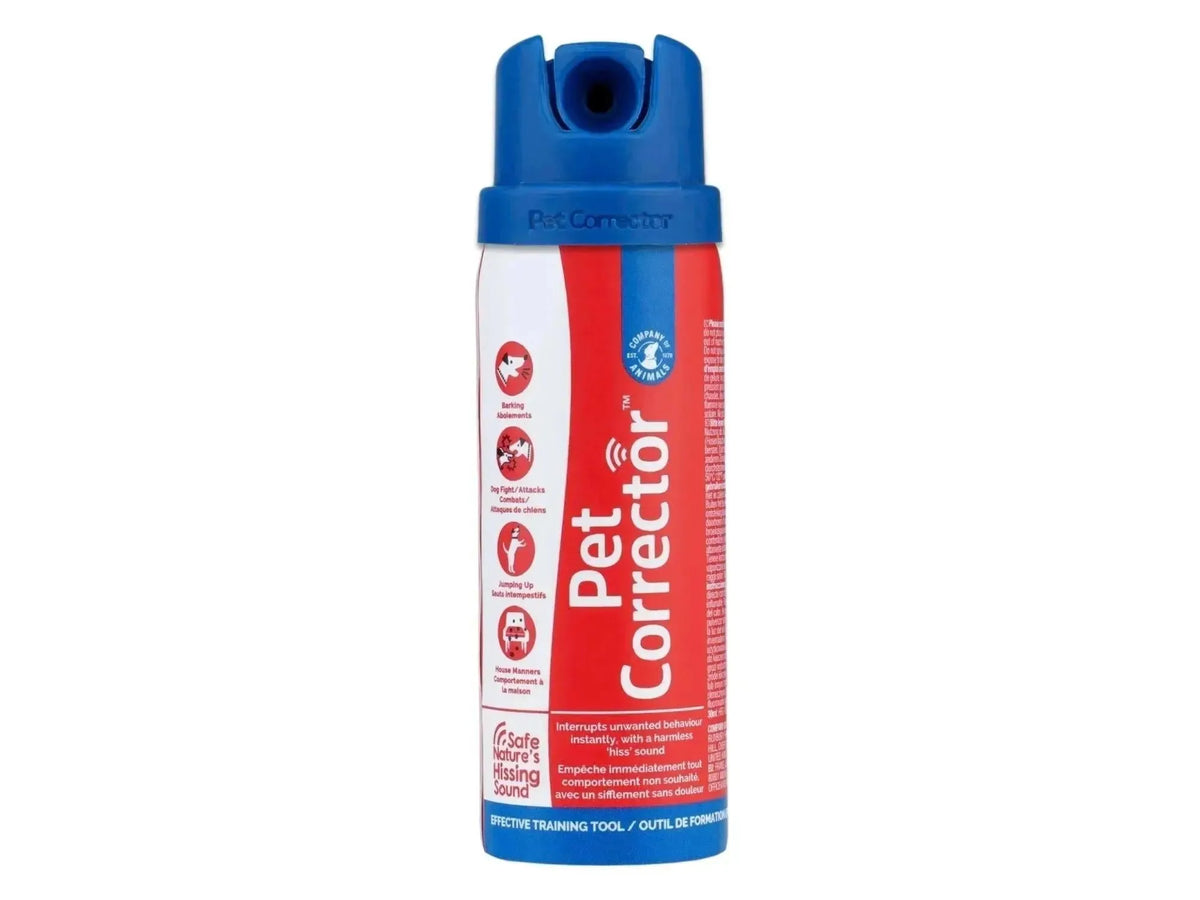 Hvit og blå Pet Corrector sprayflaske med rød etikett, 200 ml, for å stoppe uønsket hundeatferd.