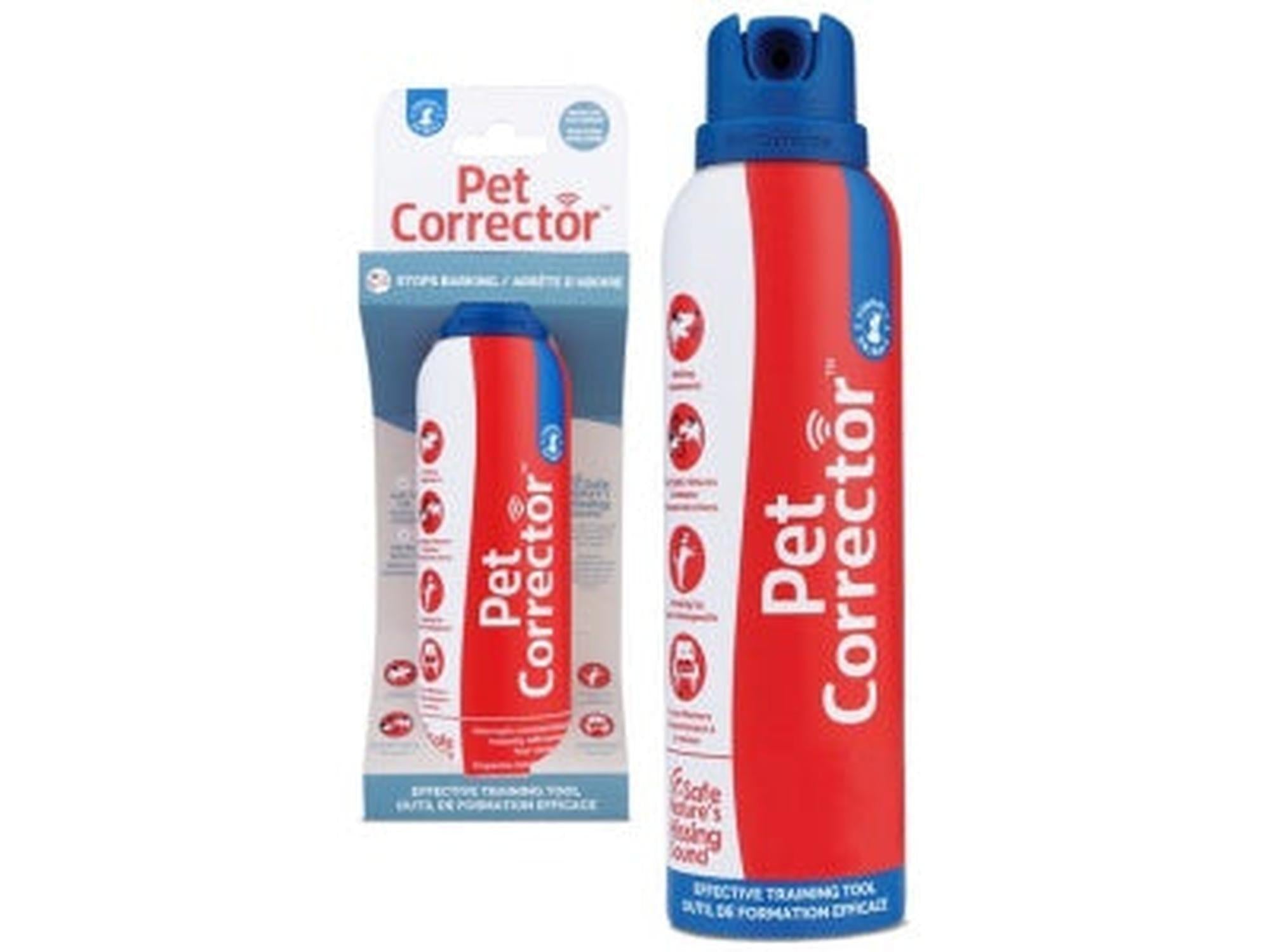 Rød og hvit Pet Corrector sprayflaske med blå topp, stor og liten størrelse.