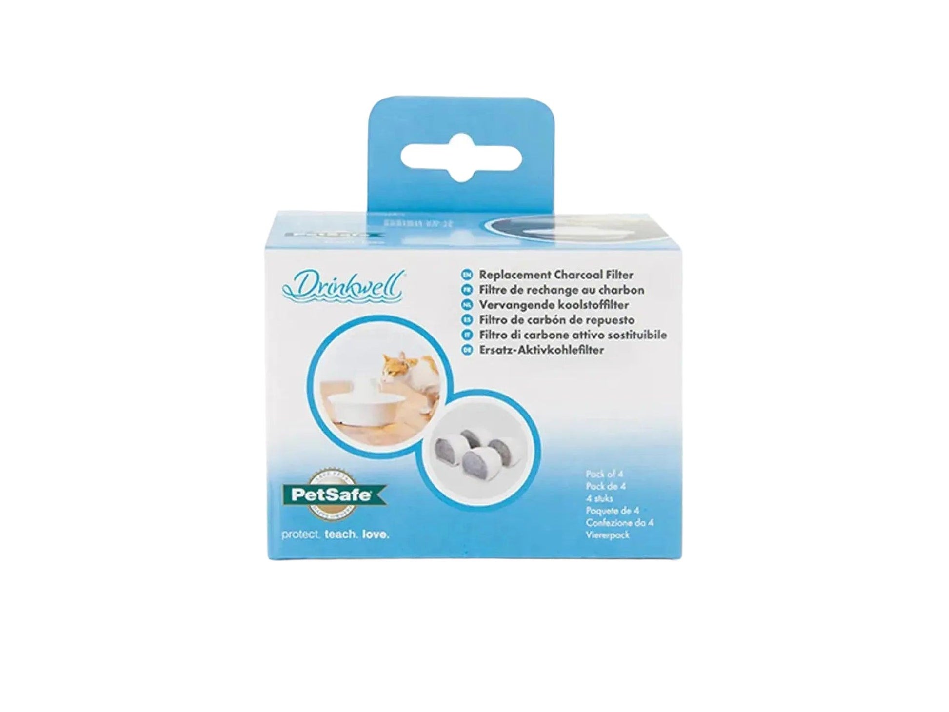PetSafe Drinkwell Kullfilter 4-pk i hvit og blå eske med bilde av katt og filtre.