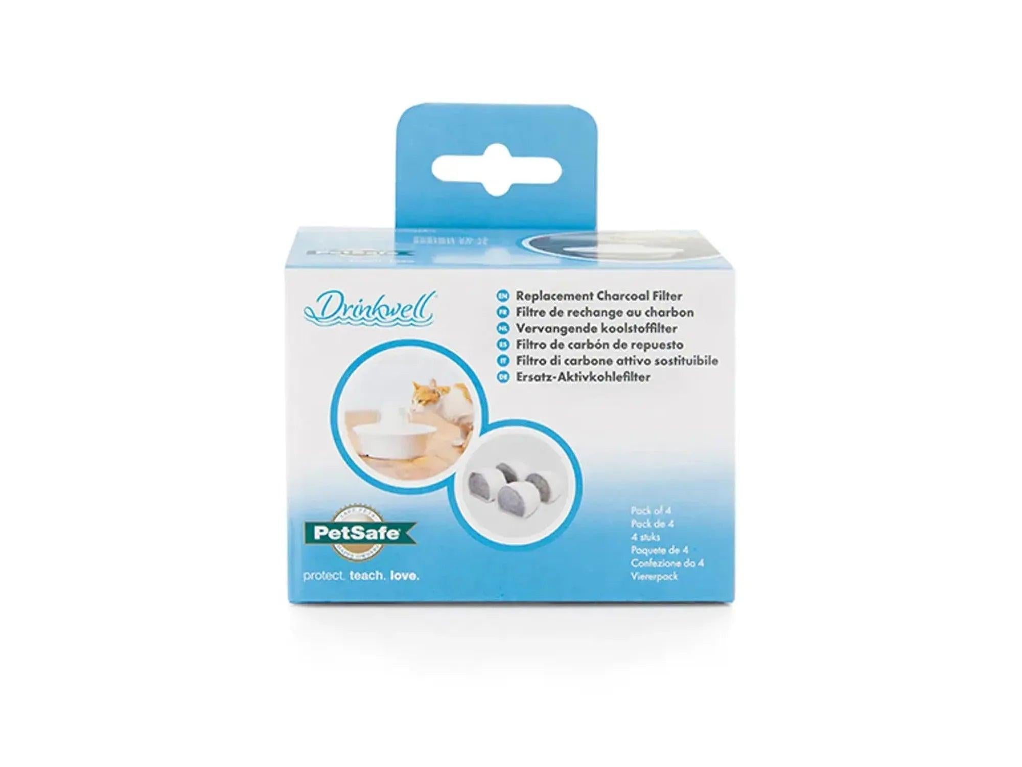 PetSafe Drinkwell Kullfilter 4-pk i hvit og blå eske med bilde av katt og filtre.