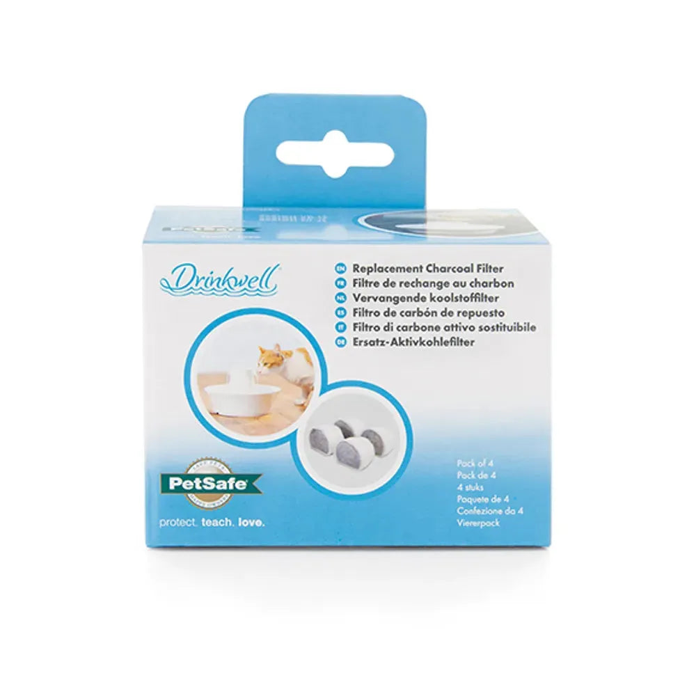 PetSafe Drinkwell Kullfilter 4-pk i hvit og blå eske med bilde av katt og filtre.