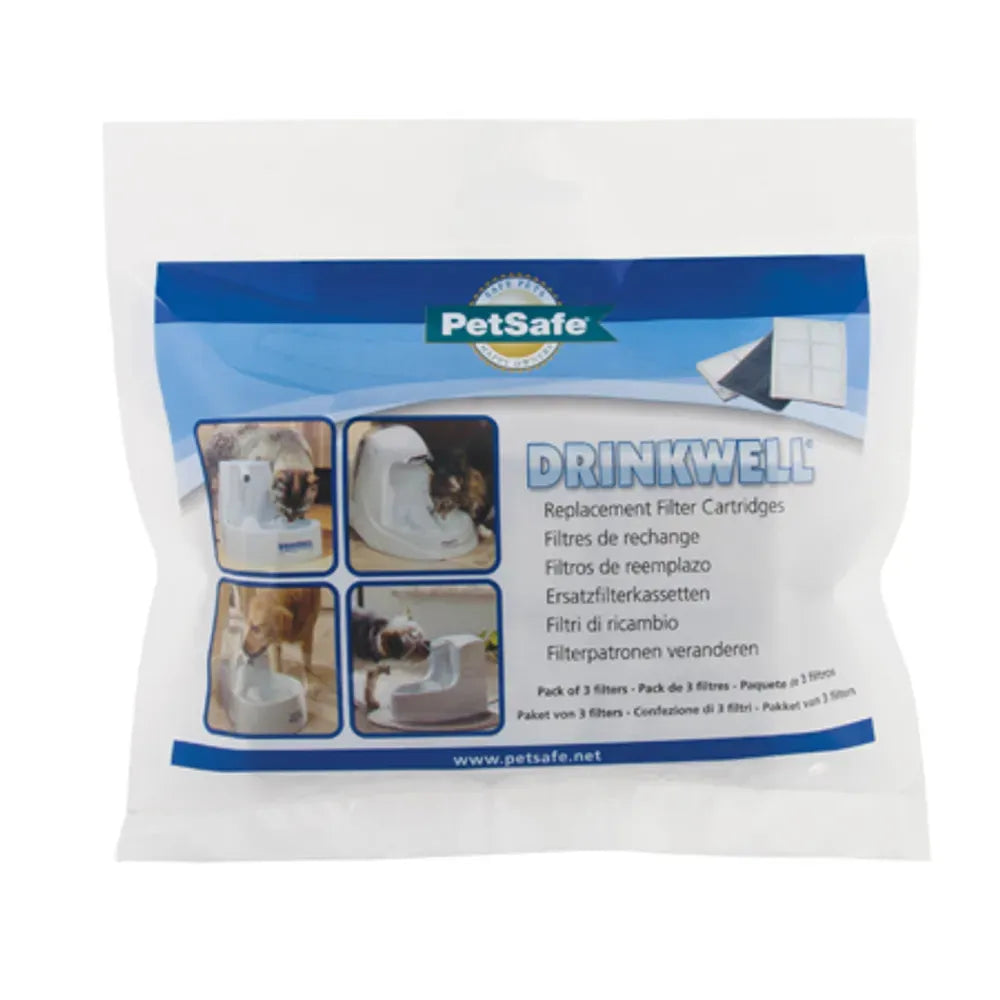 PetSafe Drinkwell vannfontenfilter 3-pakk i hvit pose med blått design, viser filterpatroner og kompatible fontener.