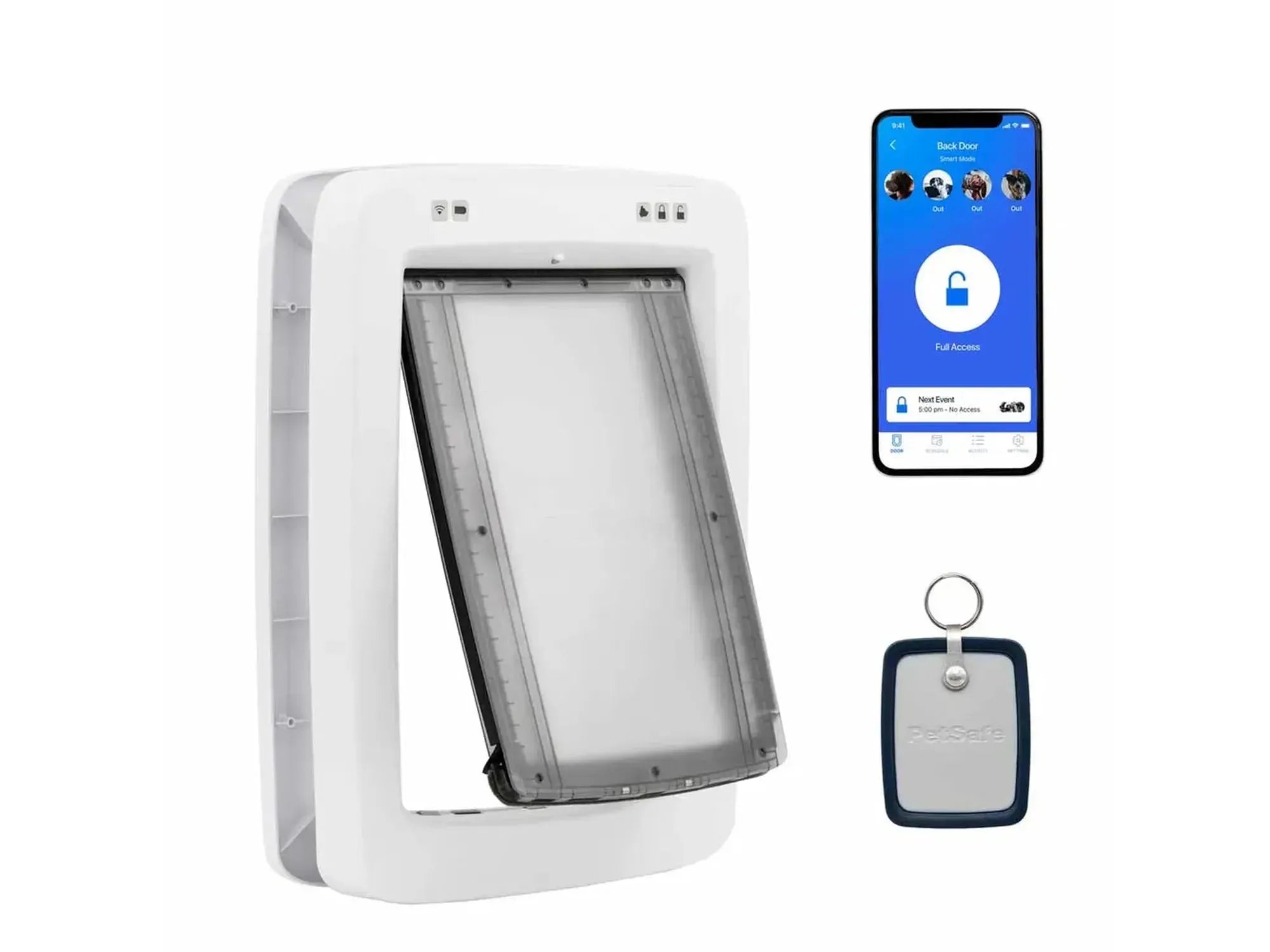 Hvit PetSafe Ecom Smart Door for hund og katt, med app-grensesnitt og halsbåndnøkkel.