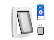 Hvit PetSafe Ecom Smart Door for hund og katt, med app-grensesnitt og halsbåndnøkkel.