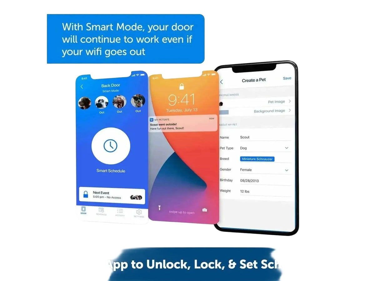 Tre smarttelefoner viser My PetSafe-appen for å låse, låse opp og sette tidsplaner for kjæledyrdøren.