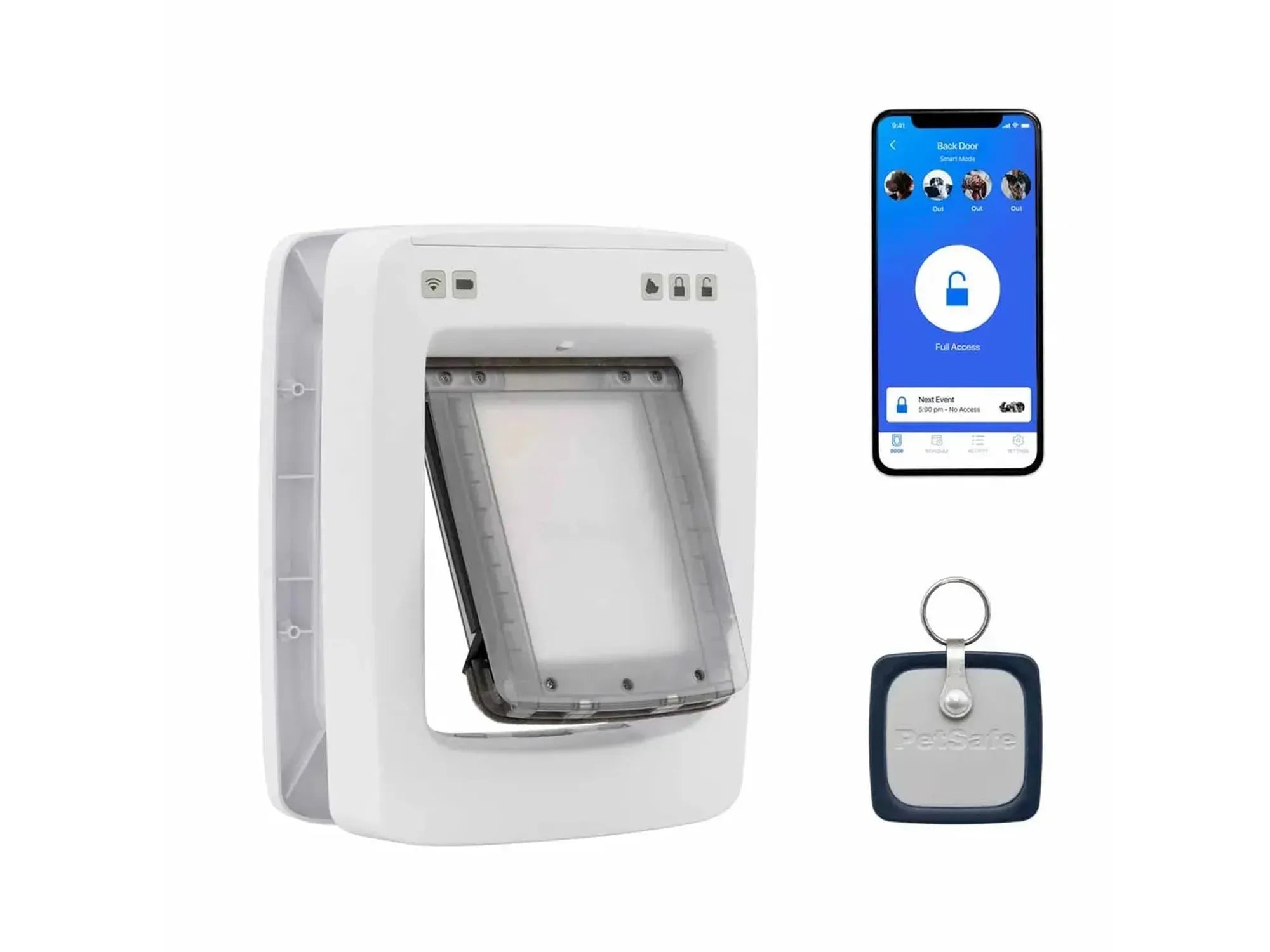 Hvit PetSafe Ecom Connected Smart Door for hund og katt, med mobilapp og nøkkel.
