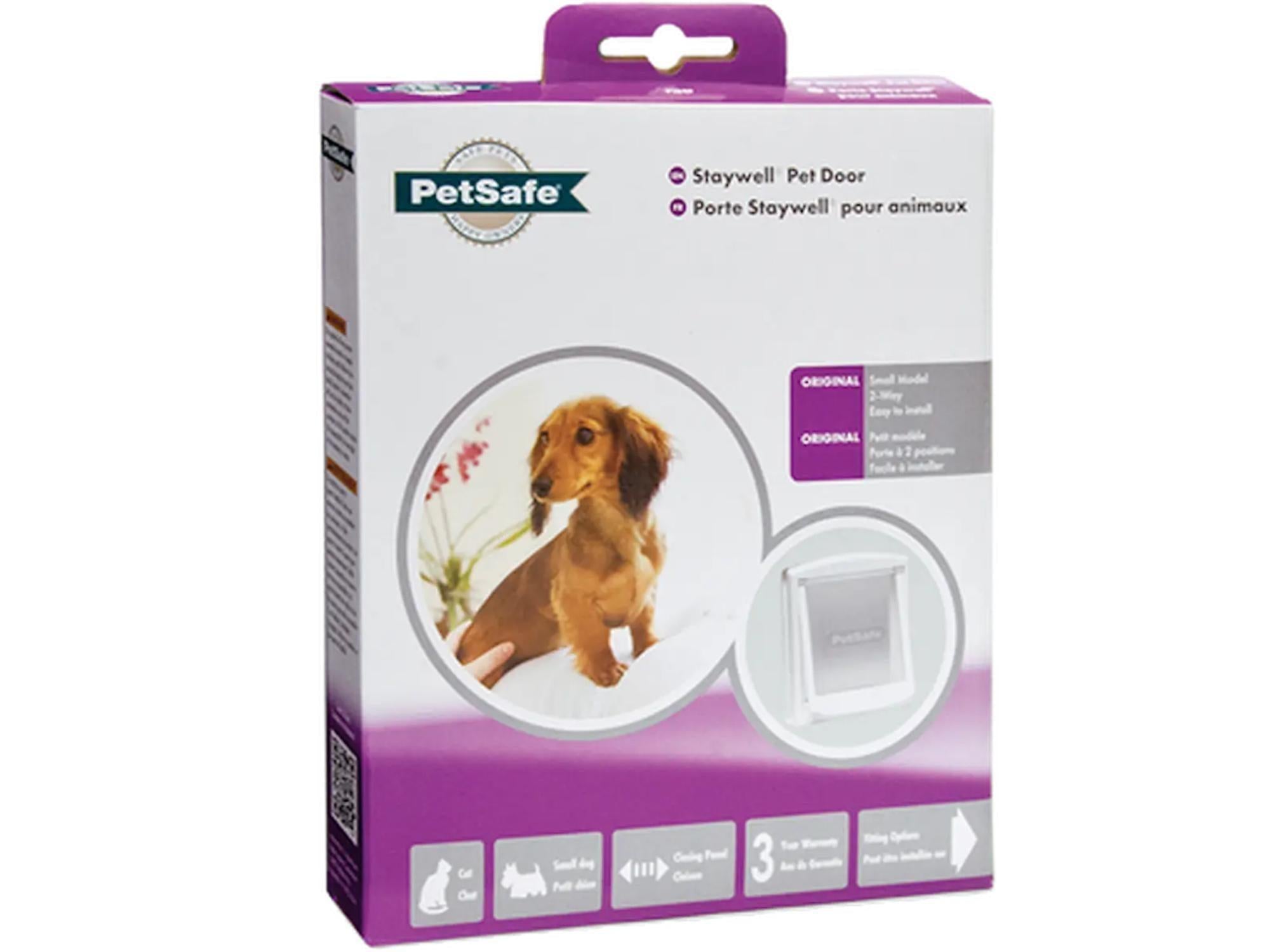 PetSafe Staywell katt-/hundedr i hvit, med bilde av en dachshund og døråpning.