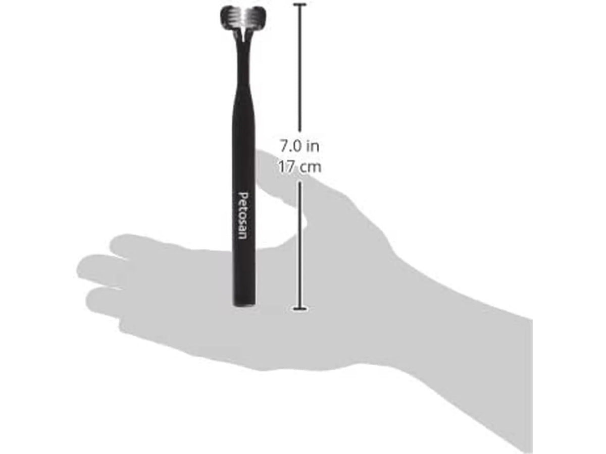 Svart Petosan tannbørste for hund over 16 kg, med tre børstehoder, 17 cm lang.